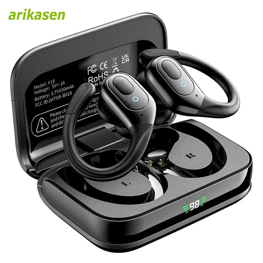 Arikasen 75H Playtime Bluetooth Earbuds Deep Bass IPX7 Waterproof LED Display For Gym Goers