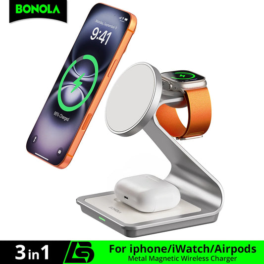 Bonola 3in1 Magnetic Wireless Charger For iPhone Watch AirPods Pro 30W Fast MultiDevice Charging For Apple Users